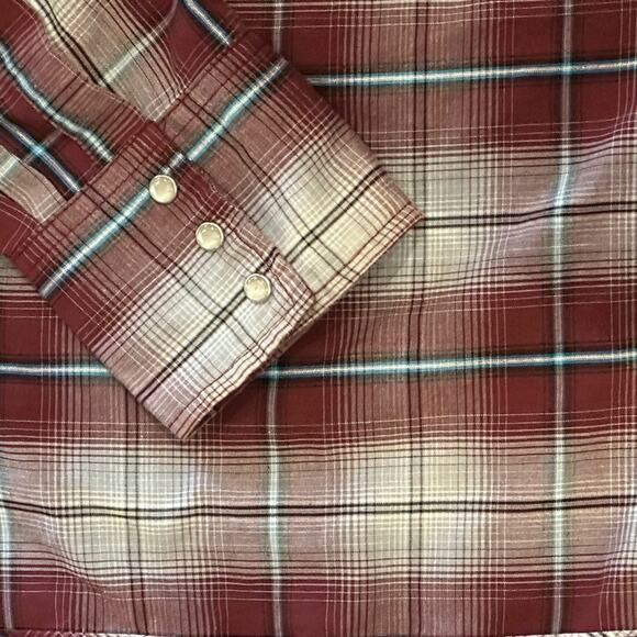Vintage Wrangler Large Pearl Snap Burgundy Plaid Shirt - Picture 4 of 5